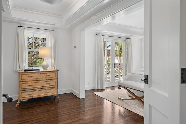 interior space with dark hardwood / wood-style floors, a raised ceiling, and crown molding