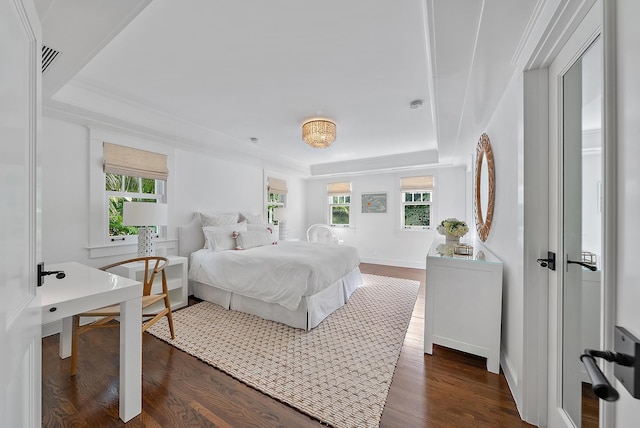 bedroom with a raised ceiling and dark hardwood / wood-style flooring