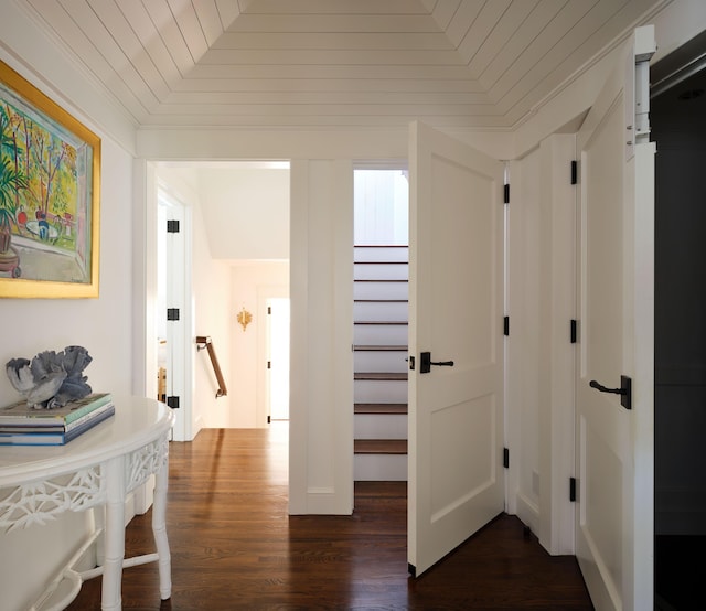 corridor with dark hardwood / wood-style flooring and wood ceiling