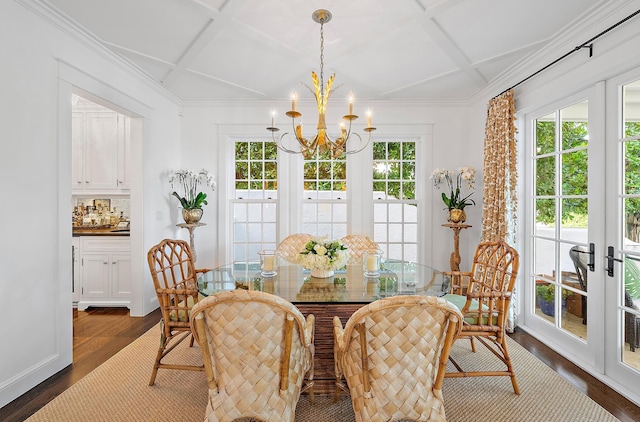 dining room with french doors, dark hardwood / wood-style flooring, a wealth of natural light, and a notable chandelier