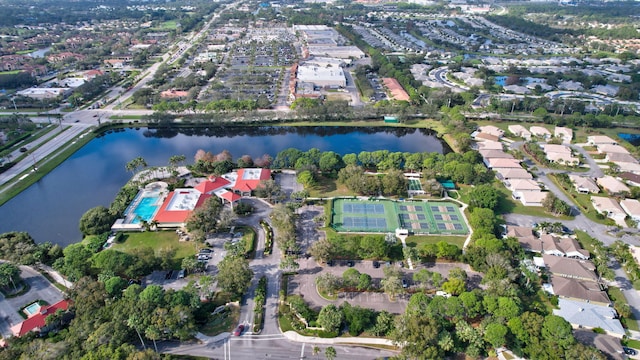 aerial view featuring a water view and a residential view