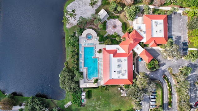 aerial view featuring a water view