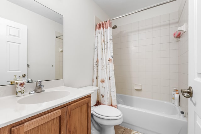 full bathroom featuring tile patterned floors, vanity, toilet, and shower / tub combo with curtain