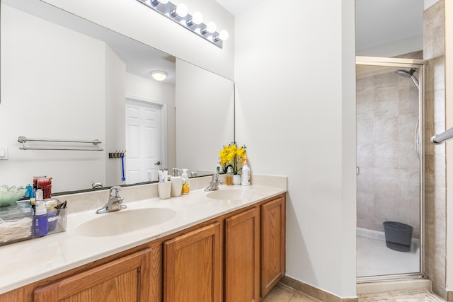 bathroom with tile patterned floors, vanity, and walk in shower