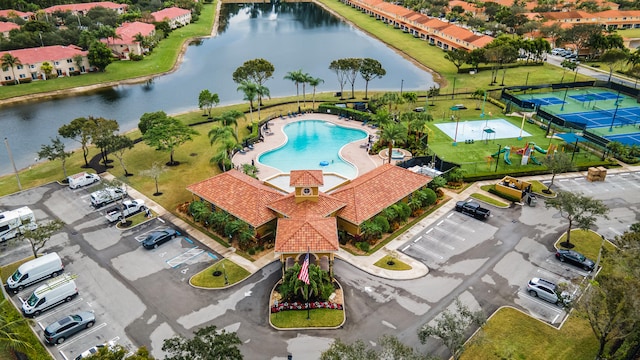 aerial view with a water view