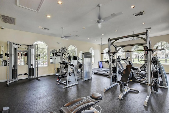 workout area with ceiling fan