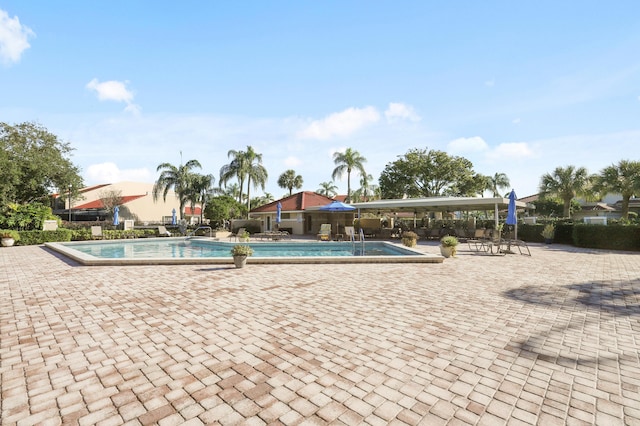 view of swimming pool featuring a patio area