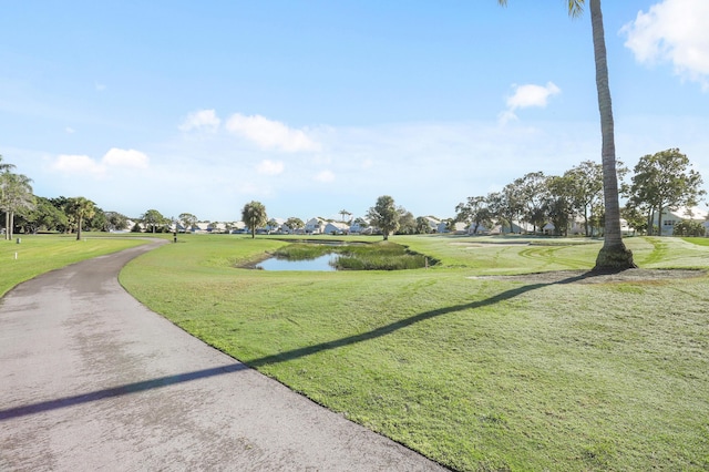 view of community featuring a water view and a lawn