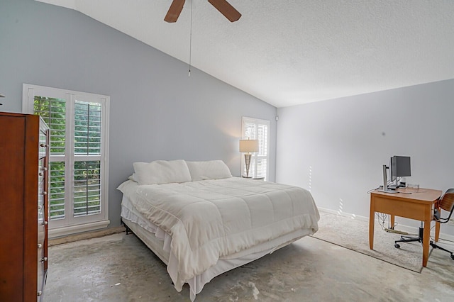 bedroom featuring a textured ceiling, ceiling fan, and vaulted ceiling