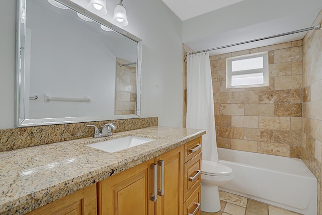 full bathroom featuring vanity, toilet, and shower / bathtub combination with curtain