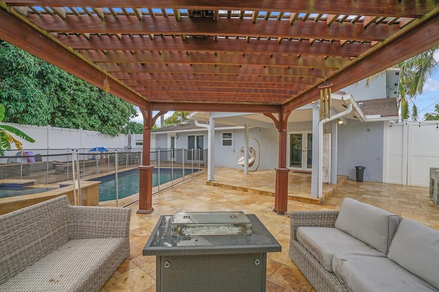 exterior space with a pergola, outdoor lounge area, french doors, and a fenced in pool