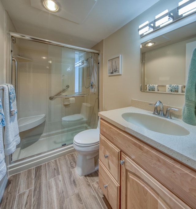 bathroom with vanity, toilet, and a shower with shower door