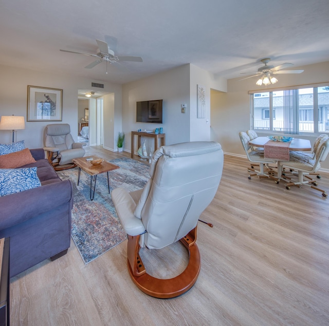 living room with ceiling fan and light wood-type flooring