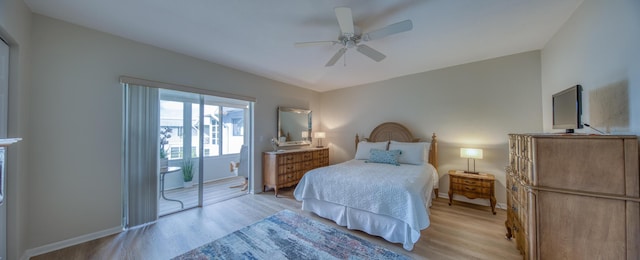 bedroom with access to exterior, light wood-type flooring, and ceiling fan