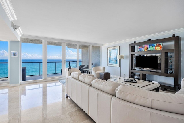 living room with ornamental molding, a healthy amount of sunlight, expansive windows, and a water view