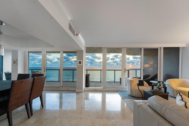 living room with a healthy amount of sunlight, crown molding, expansive windows, and a water view