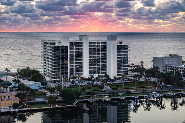 outdoor building at dusk with a water view