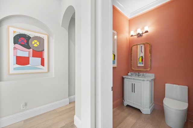 bathroom featuring vanity, wood-type flooring, and ornamental molding