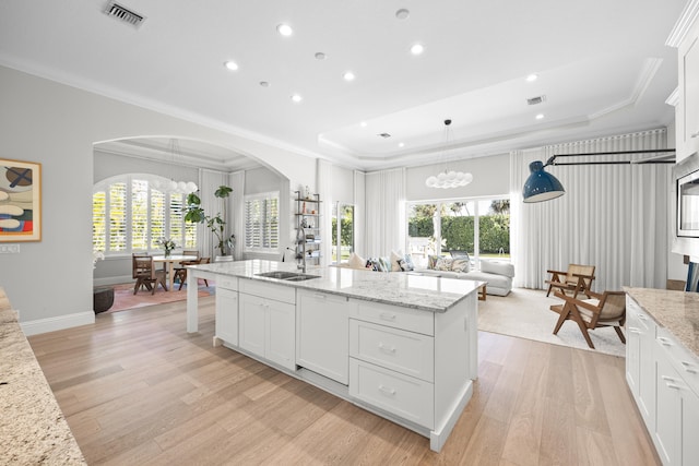 kitchen featuring white cabinets, a raised ceiling, and sink