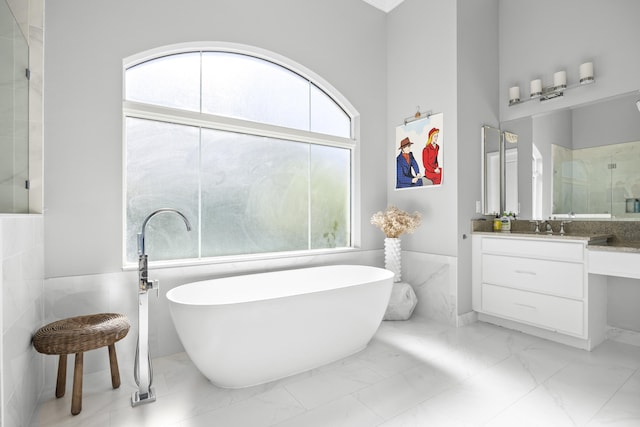 bathroom with plenty of natural light, separate shower and tub, and vanity