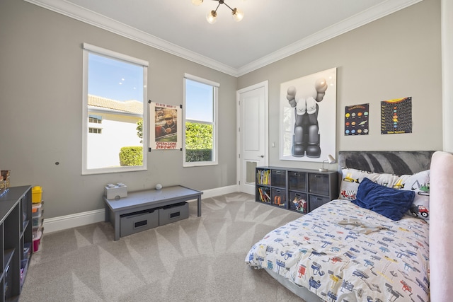 carpeted bedroom with crown molding and an inviting chandelier