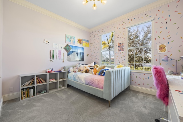 bedroom featuring carpet, multiple windows, ornamental molding, and a notable chandelier