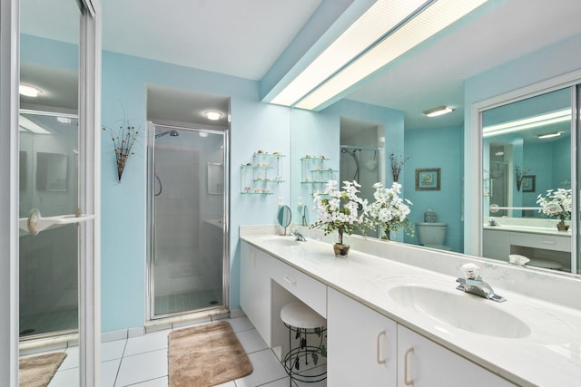 bathroom featuring tile patterned floors, vanity, an enclosed shower, and toilet