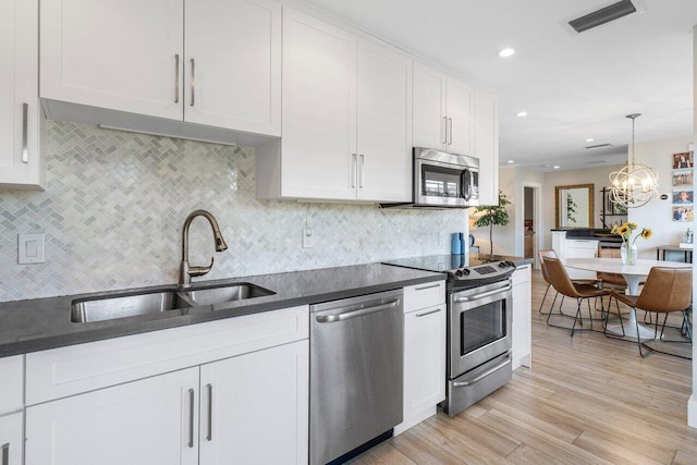 kitchen with stainless steel appliances, dark countertops, visible vents, white cabinetry, and a sink