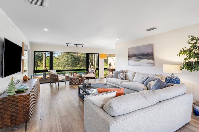 living area featuring a healthy amount of sunlight, visible vents, and wood finished floors