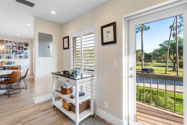 entryway with visible vents, a wealth of natural light, light wood-type flooring, and electric panel