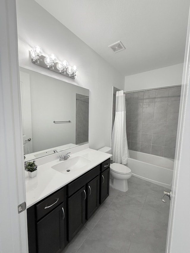 full bathroom featuring tile patterned floors, vanity, toilet, and shower / bathtub combination with curtain