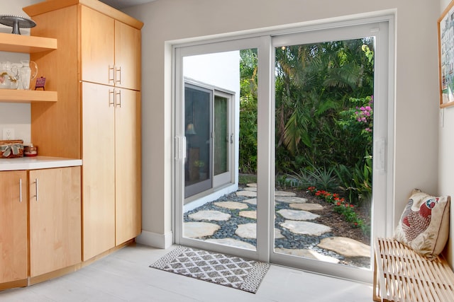 doorway with a healthy amount of sunlight and light hardwood / wood-style floors