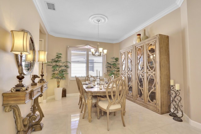 dining space with a notable chandelier, light tile patterned floors, and crown molding