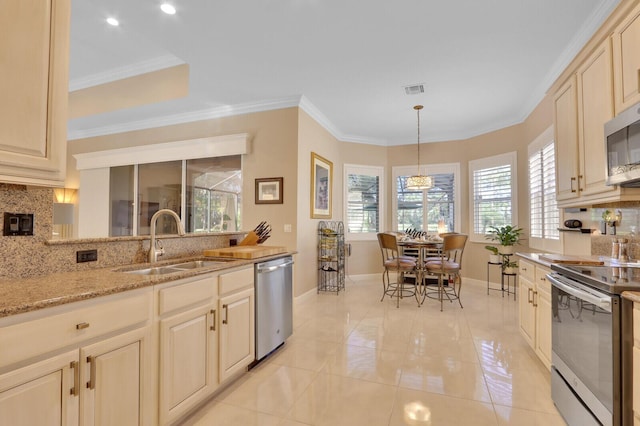 kitchen with decorative light fixtures, sink, stainless steel appliances, and crown molding