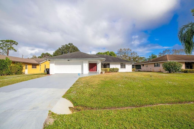 single story home featuring a front yard and a garage