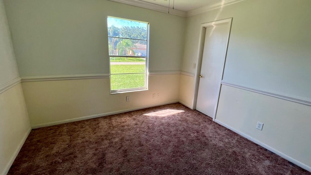 carpeted spare room featuring crown molding