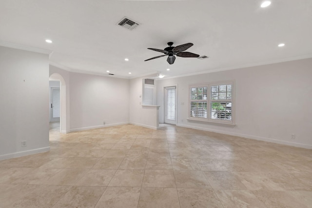 unfurnished living room with light tile patterned floors, ceiling fan, and ornamental molding