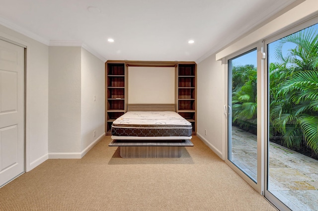 unfurnished bedroom featuring access to outside, light carpet, and ornamental molding