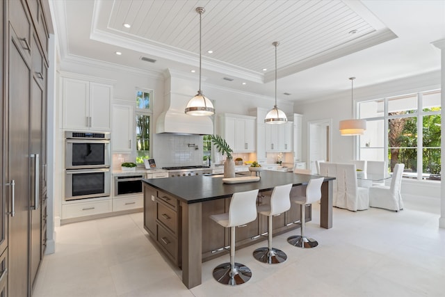 kitchen with appliances with stainless steel finishes, a center island, a tray ceiling, white cabinets, and custom exhaust hood