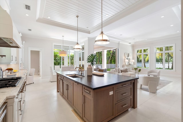 kitchen featuring sink, custom exhaust hood, crown molding, decorative light fixtures, and a tray ceiling