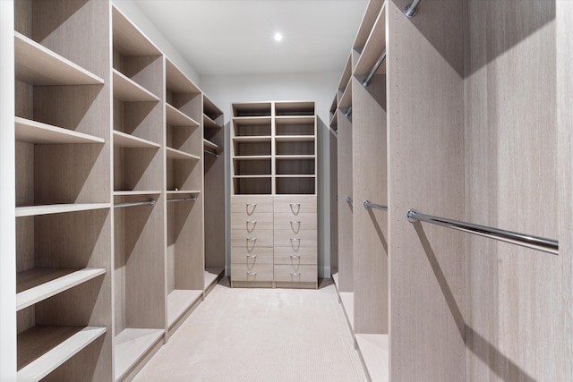 walk in closet featuring light carpet