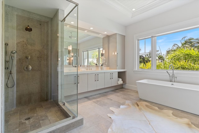 bathroom featuring vanity and independent shower and bath