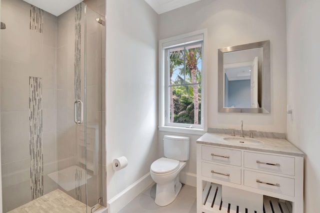 bathroom with tile patterned floors, vanity, toilet, and walk in shower