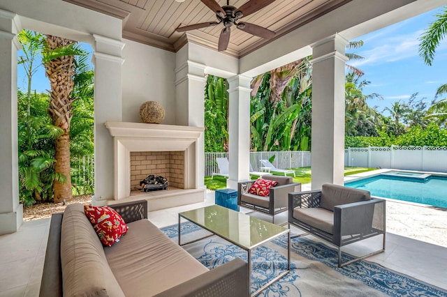 view of patio featuring an outdoor living space with a fireplace, a fenced in pool, and ceiling fan