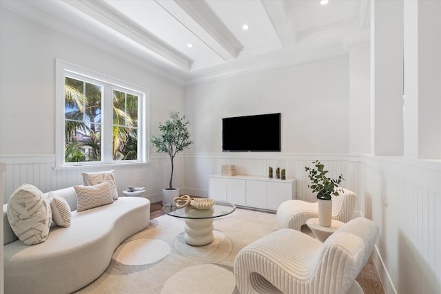 living room with crown molding and beam ceiling