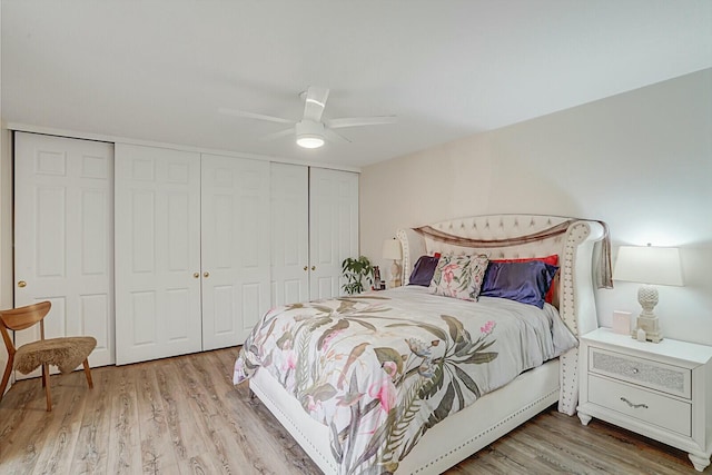 bedroom featuring ceiling fan and light wood-type flooring