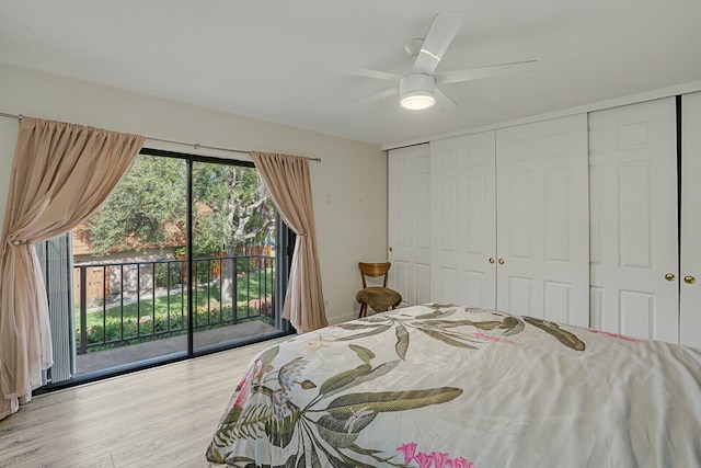 bedroom with ceiling fan, access to outside, and light hardwood / wood-style floors