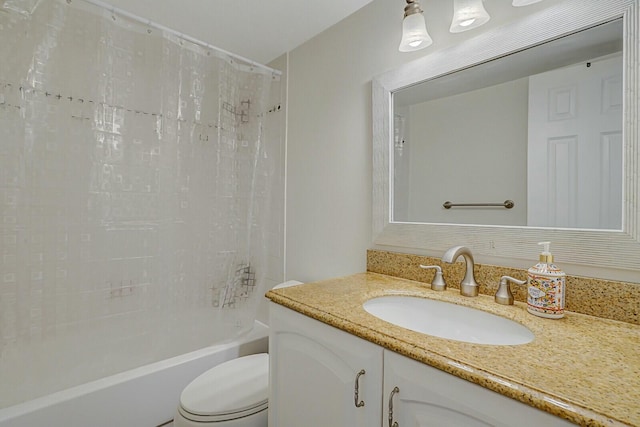 full bathroom with toilet, shower / bathtub combination with curtain, and vanity