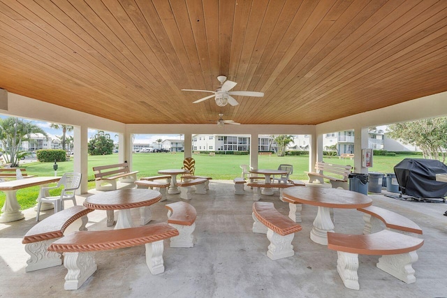 view of patio with ceiling fan and area for grilling