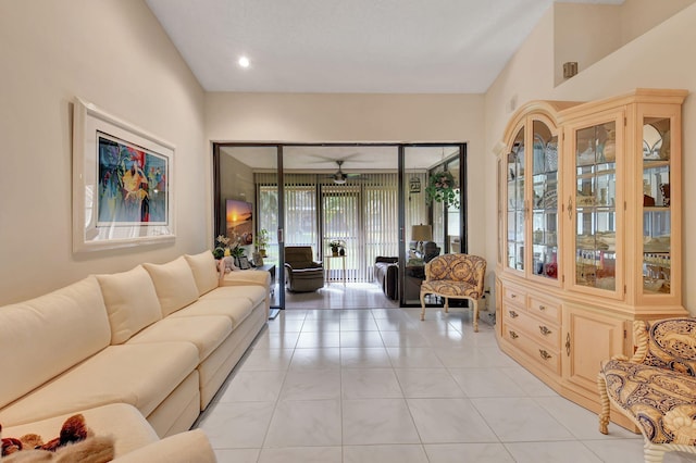 living room with light tile patterned flooring